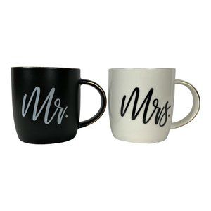 Triple Gifffted Mr and Mrs Ceramic Coffee Mugs 12 oz Black White Gold  Rim